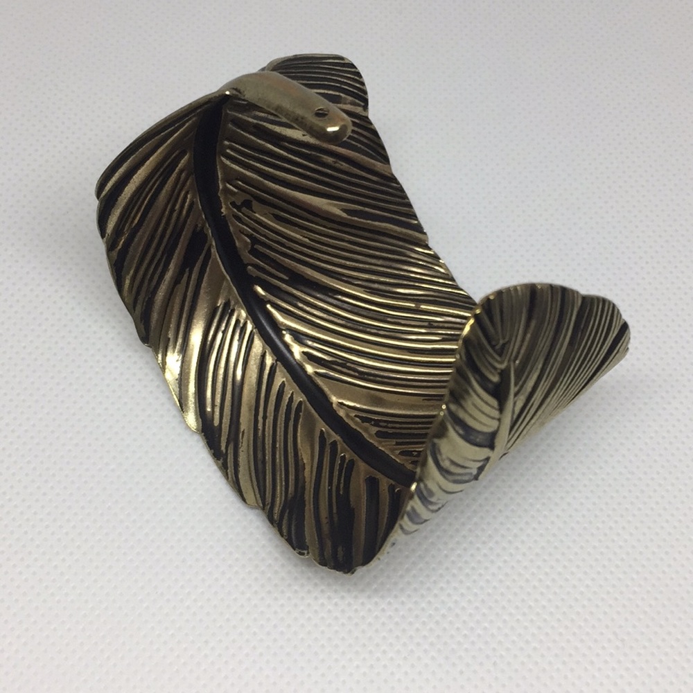 Gold Feather Cuff Bangle Bracelet